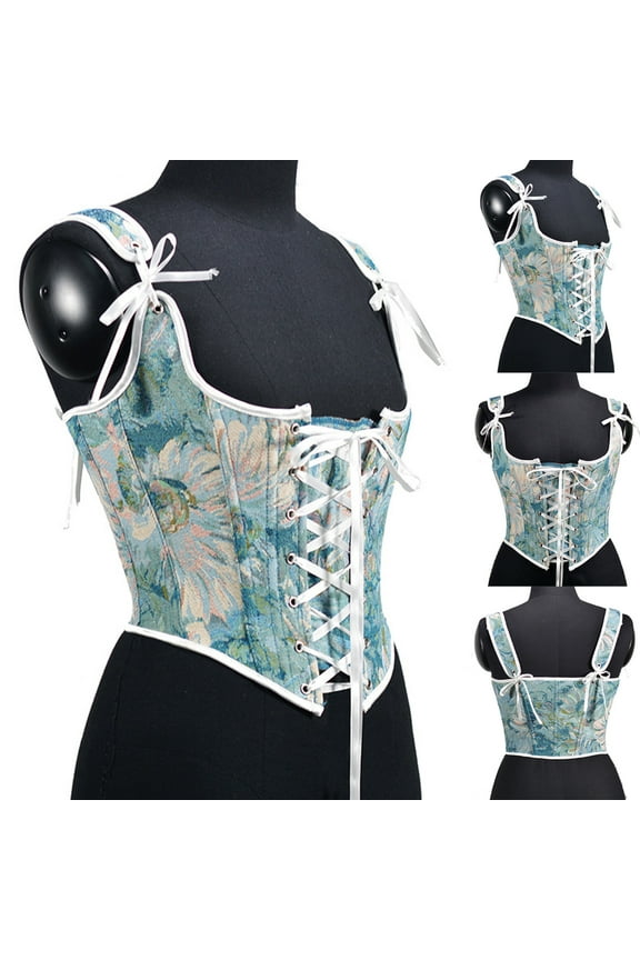 Clearance Corset Top for Women Renaissance Faire Eyelet Lace-up Floral Print Fishbone Court Vintage Corset