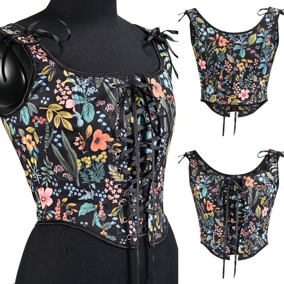 QIPOPIQ Clearance Corset Top for Women Renaissance Faire Eyelet Lace-up Floral Print Fishbone Court Vintage Corset
