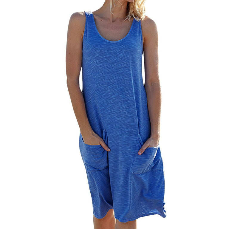 QIPOPIQ Clearance Dresses for Women Summer Crew Neck Solid Pocket  Sleeveless Beach Skirts Dress Blue L 
