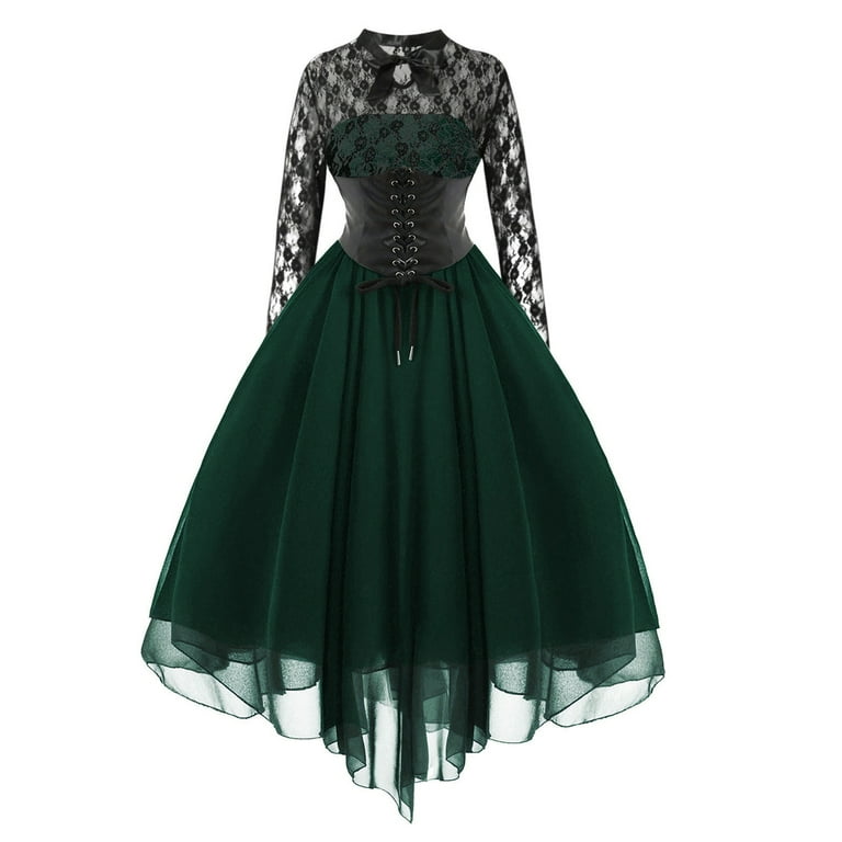QIPOPIQ Clearance Dresses for Women Summer Gothic Round Neck Long Sleeve  Lace Skirts Dress Green L 
