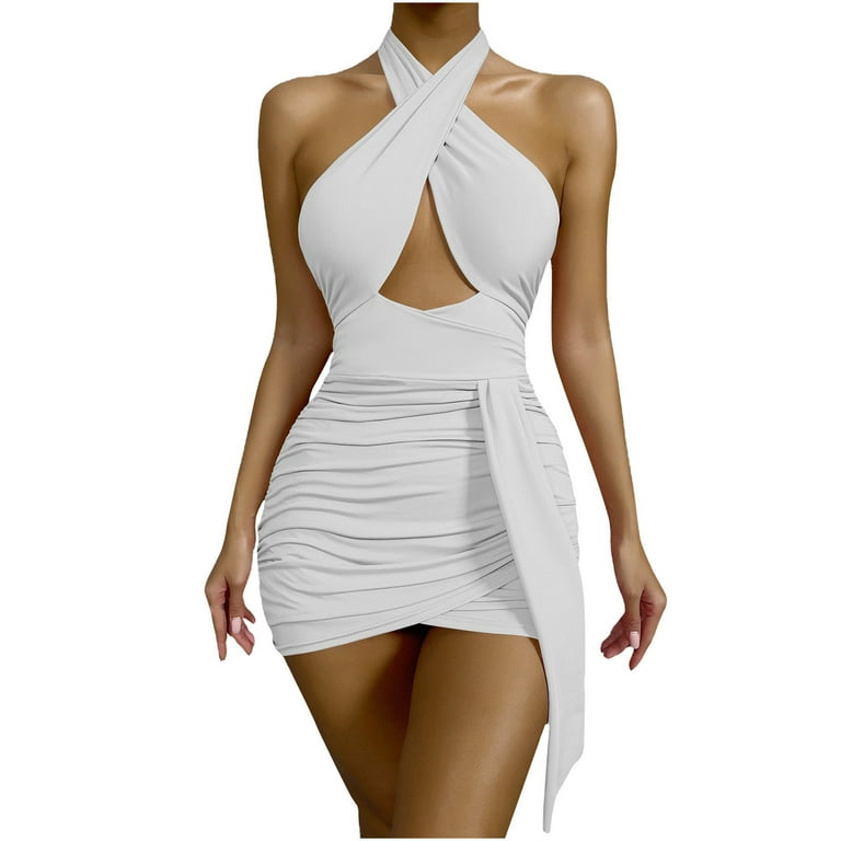 QIPOPIQ Clearance Dresses for Women Summer Halter Neck Bage Solid Backless  Mini Skirts Dress White XL 