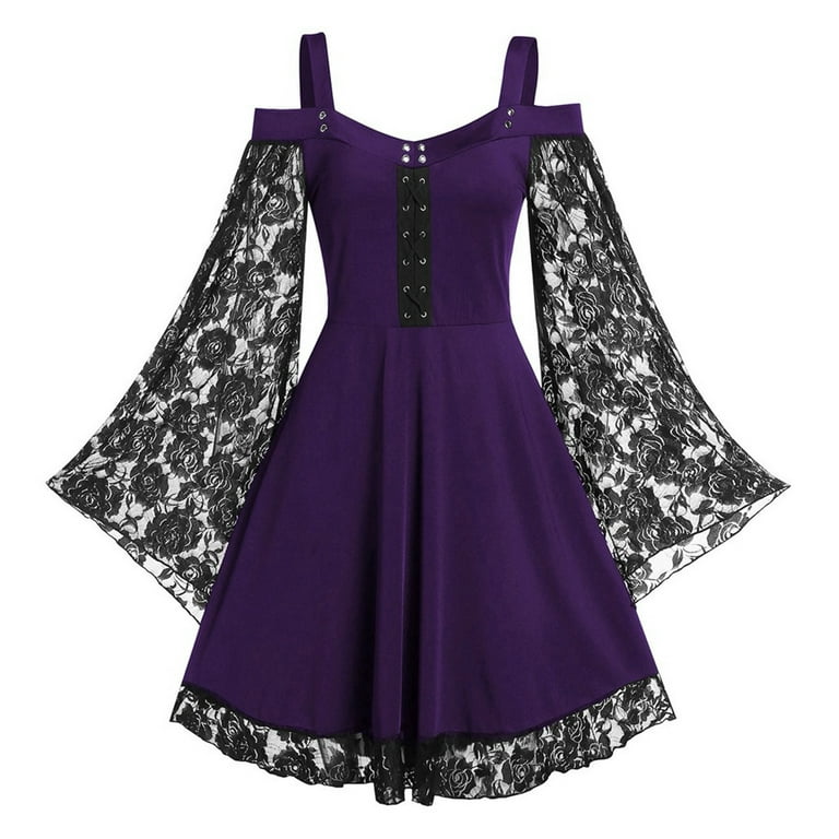 QIPOPIQ Clearance Dresses for Women Summer Lace Flare Sleeve Webbing Knit  Midi Skirts Dress Purple M 