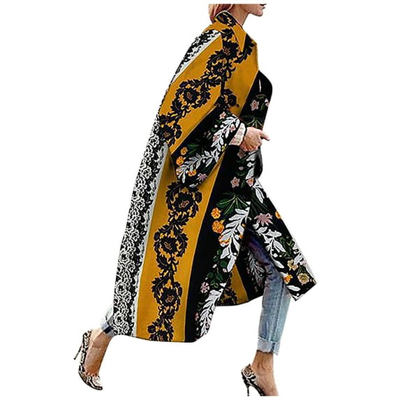 QIPOPIQ Clearance Jackets for Women Fashion Women Printed Pocket Jacket Outerwear Cardigan Overcoat Long Trench Coat
