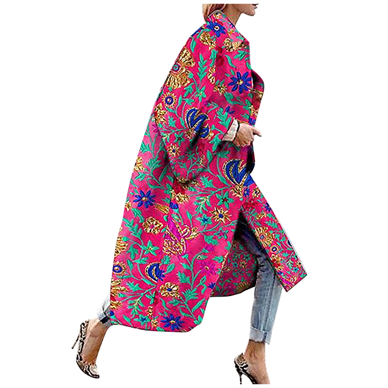QIPOPIQ Clearance Jackets for Women Fashion Women Printed Pocket Jacket  Outerwear Cardigan Overcoat Long Trench Coat 