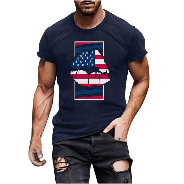 QIPOPIQ Clearance Men's Shirts 4th of July American Tees New T-shirt Short  Sleeve Round Neck Tee Shirts Blue 2XL 