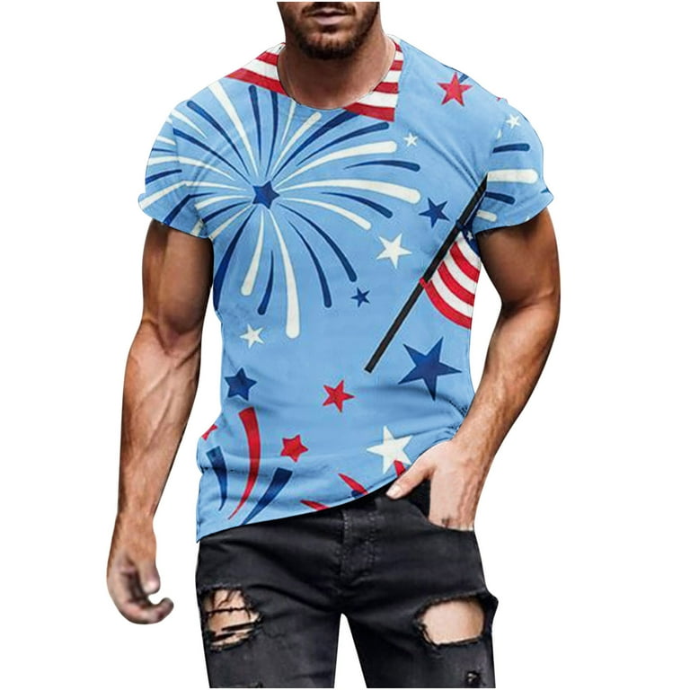 QIPOPIQ Clearance Men's Shirts 4th of July American Tees New T-shirt Short  Sleeve Round Neck Tee Shirts Light Blue 5XL