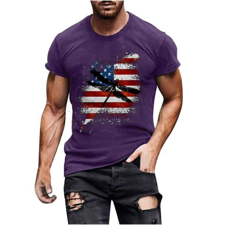 QIPOPIQ Clearance Men's Shirts 4th of July American Tees New T-shirt Short  Sleeve Round Neck Tee Shirts Purple M