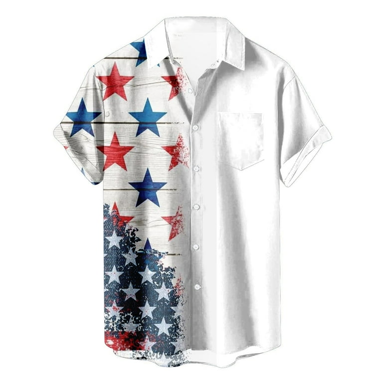 QIPOPIQ Clearance Men's Shirts 4th of July American Tees Turn-down Hawaiian  Short Sleeve Pocket Button Shirts White XL 
