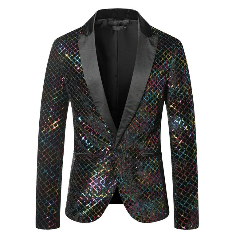 QIPOPIQ Clearance Men's Suits One Button Sequin Beaded Perforce Long Sleeve  Lapel Top Coat Mens Formal Blazer Suit Jacket 