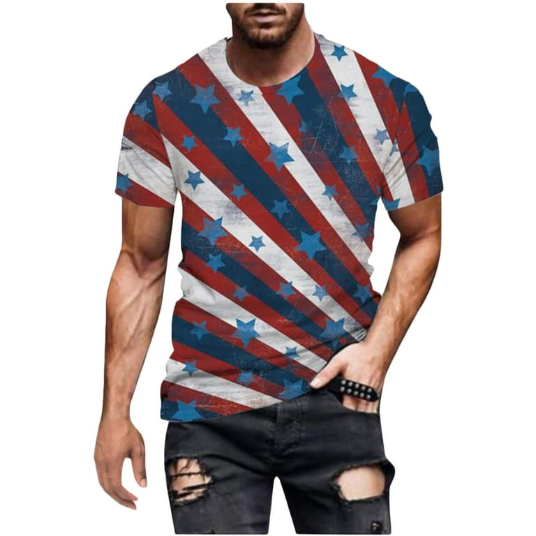 QIPOPIQ Clearance Shirts for Men Casual Round Neck 3D Digital Print Flag  Pullover Sports Shorts Sleeves T Shirt Tee Shirts