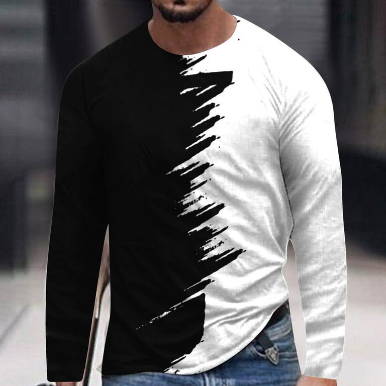 QIPOPIQ Clearance Shirts for Men Crew Neck Long Sleeve 3D Prints T-shirt  Loose Pullover Top Tee Shirts Black L