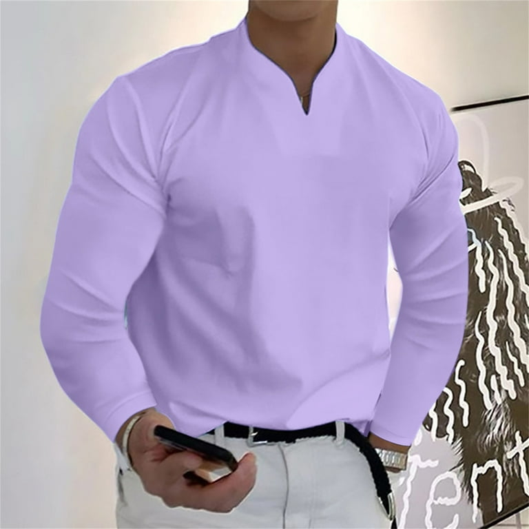 QIPOPIQ Clearance Shirts for Men V-neck Long Sleeve Shirt Solid Pullover  Tee Shirts Tops Purple S