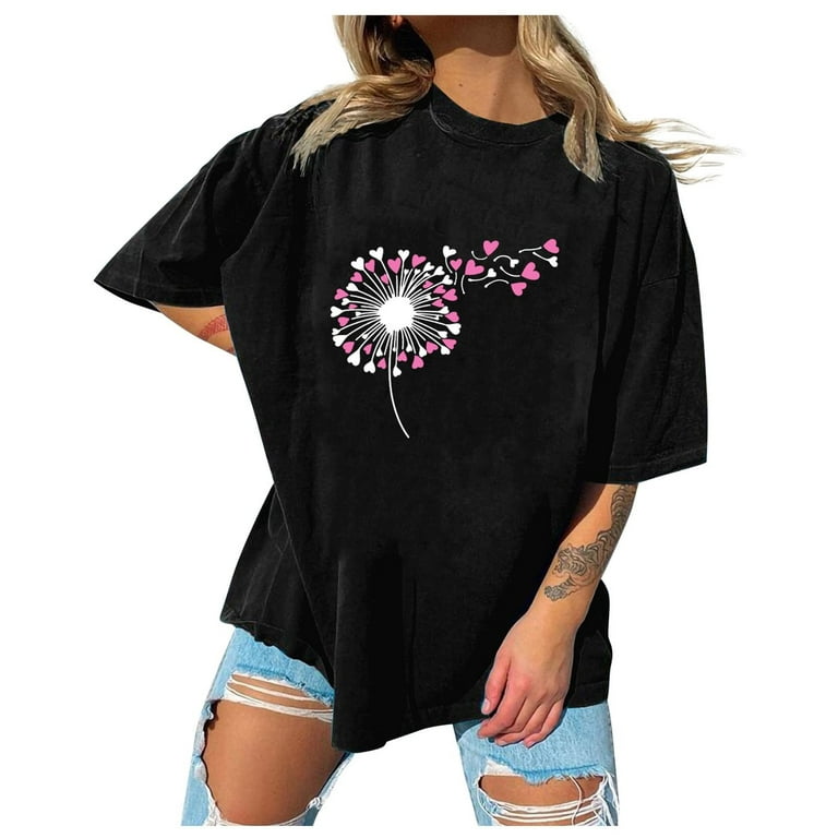 QIPOPIQ Clearance T Shirts for Women, Womens Valentine's Day Floral Print  Round Neck Pullover Tops Elegant Short Sleeve T-shirt Black XL 