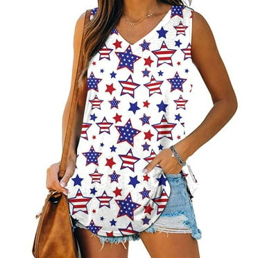 QIPOPIQ Clearance Women's 4th of July Tank Tops American Flag V-Neck Sleeveless Pullover Independence Day Shirts