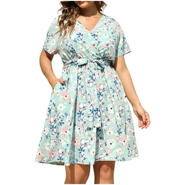 QIPOPIQ Clearance Women's Dresses Summer Plus Size V-Neck Print Short Sleeveless Mini Dress