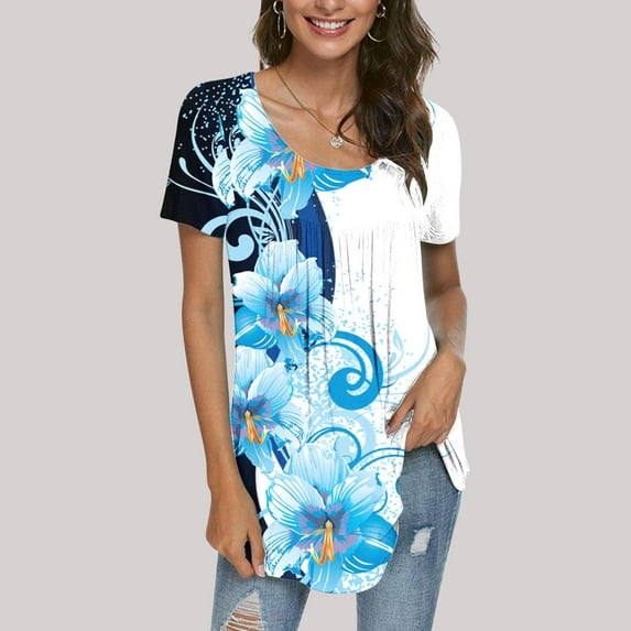 QIPOPIQ Clearance Women's Graphic Tees Short Sleeve Crew Neck T Shirts Blouse Summer Plus Size Tops Sky Blue 2XL
