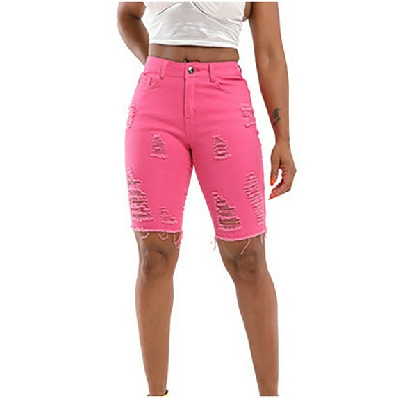 QIPOPIQ Clearance Women's Jeans Denim Pants Summer Candy Color Hole Large Plus Size Shorts