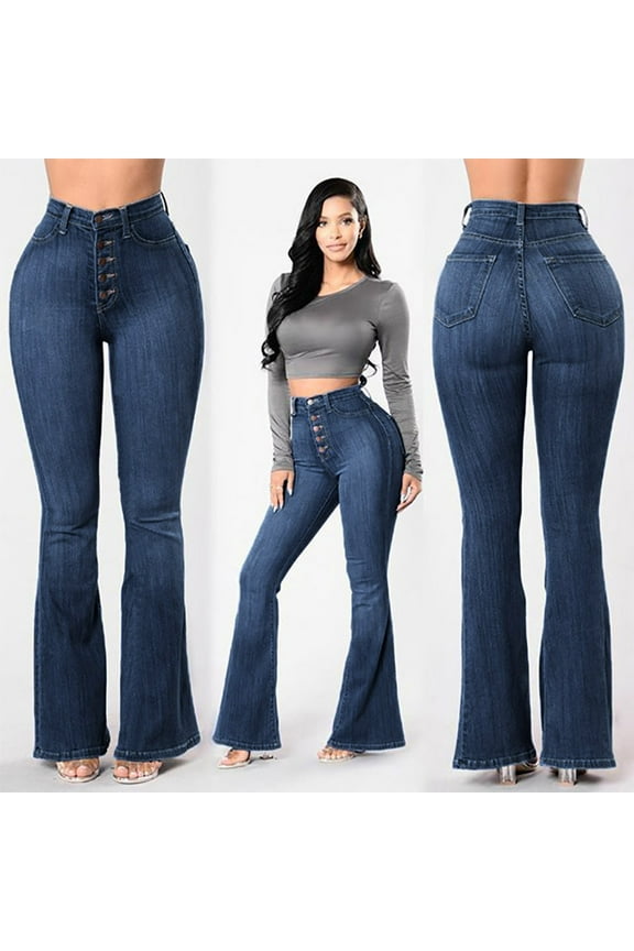 Clearance Women's Jeans High Rise Elastic Plus Loose Pocket Button Boot Cut Pant Denim Pants