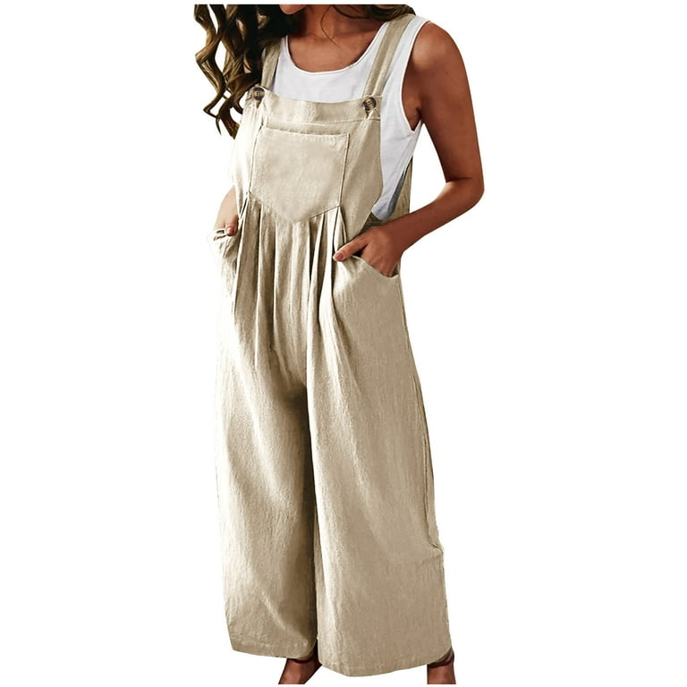 QIPOPIQ Clearance Women's Jumpsuits Sleeveless Summer Linen Cotton Solid  Pocket Side Button Wide Leg Jumpsuit 