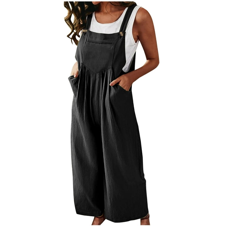 QIPOPIQ Clearance Women's Jumpsuits Sleeveless Summer Linen Cotton Solid  Pocket Side Button Wide Leg Jumpsuit 