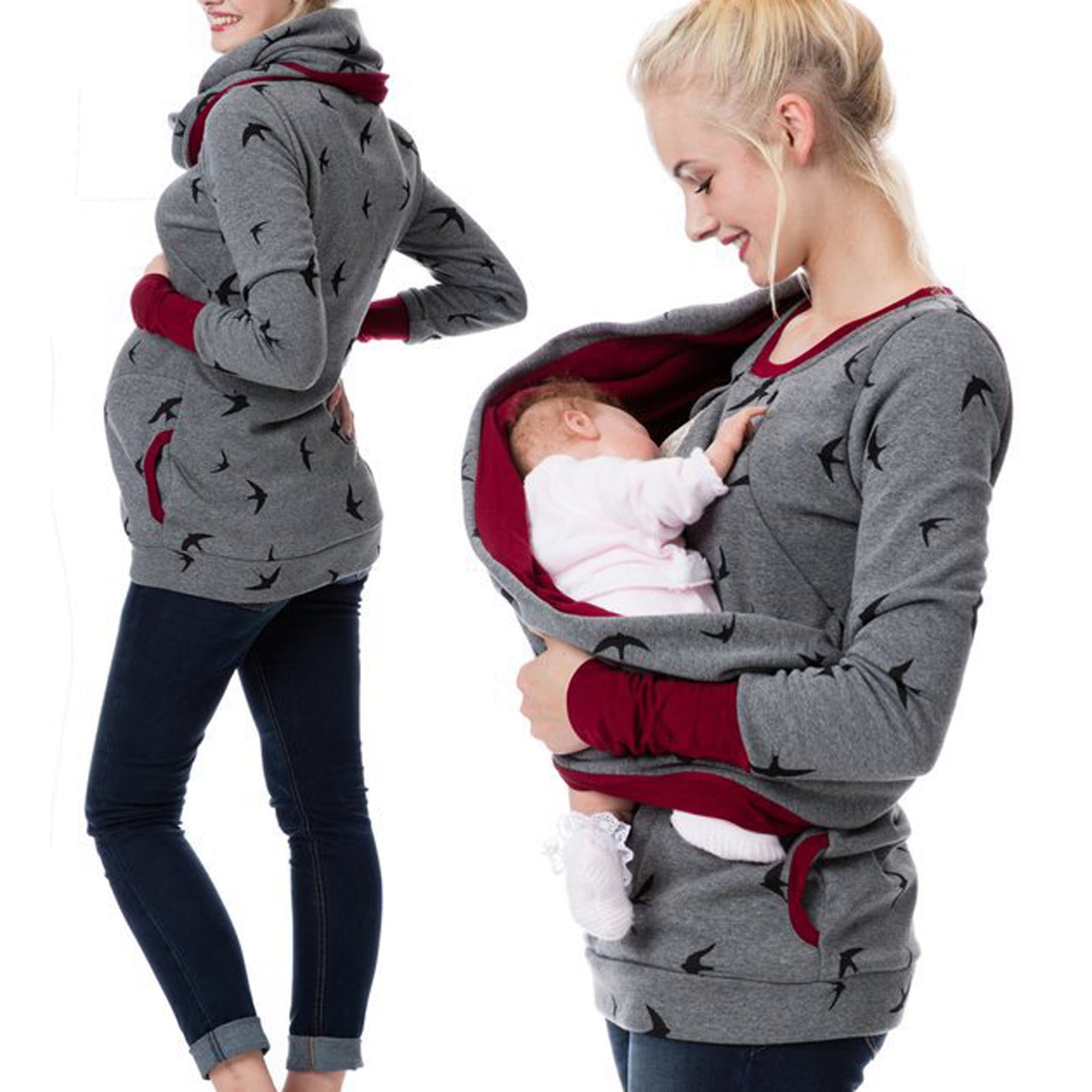 Bearsland Women's Maternity Nursing Hoodie - Breastfeeding Sweatshirt With Side Zipper & Pockets, Gray/Black
