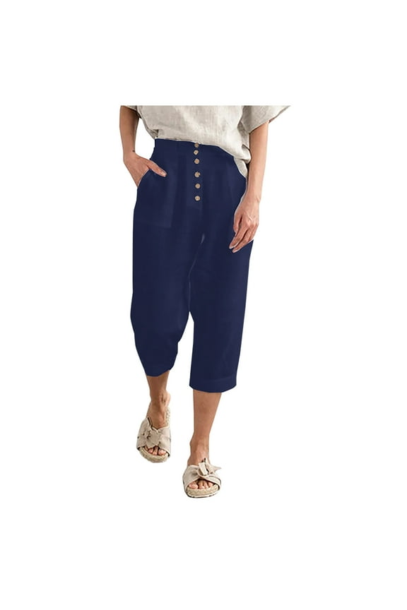 Clearance Women's Pants Fashion Solid Color Comfortable Casual Pocket Cotton And Linen Capris