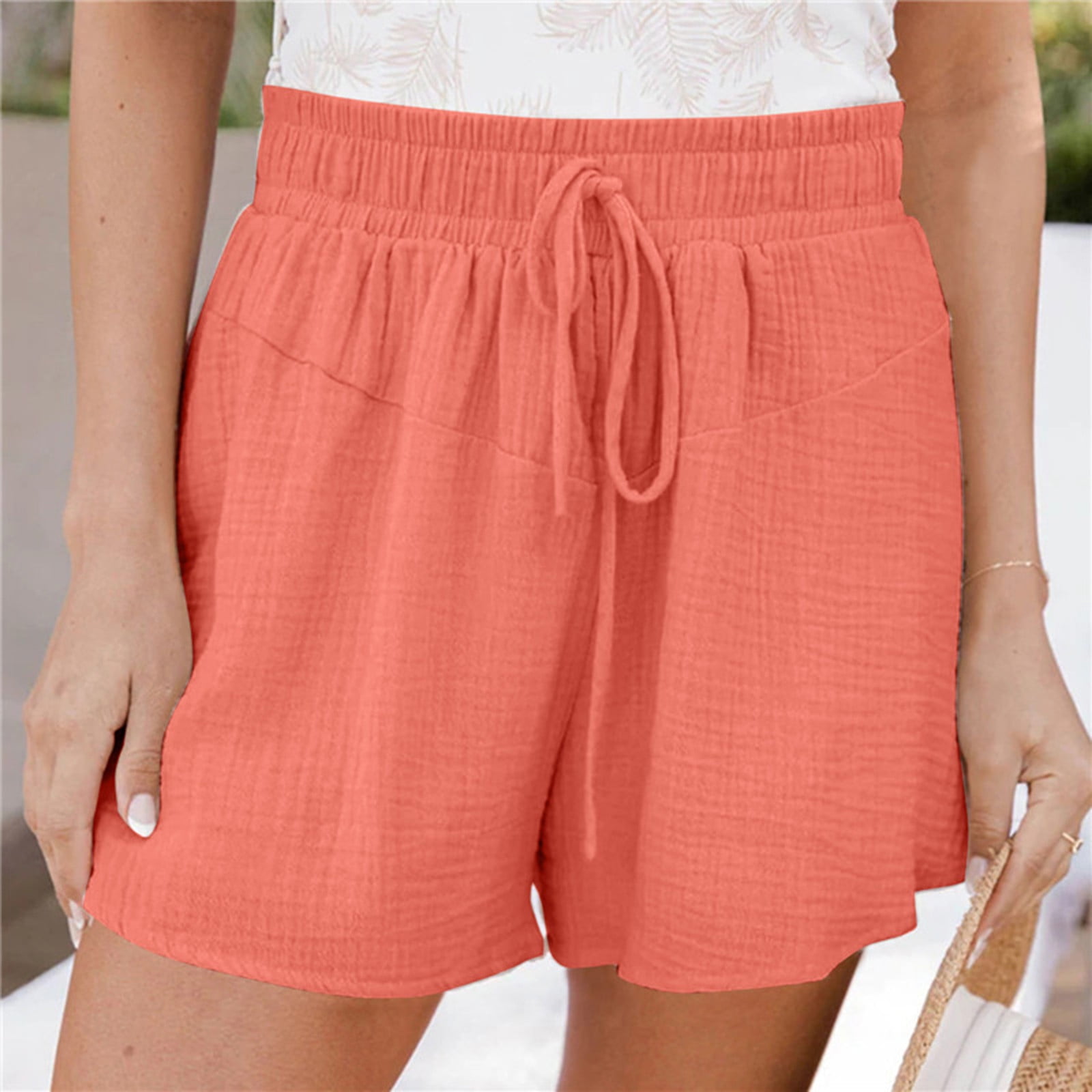 QIPOPIQ Clearance Women's Shorts Solid Color Casual Wide Leg Loose High  Waist Lace-Up Pants 