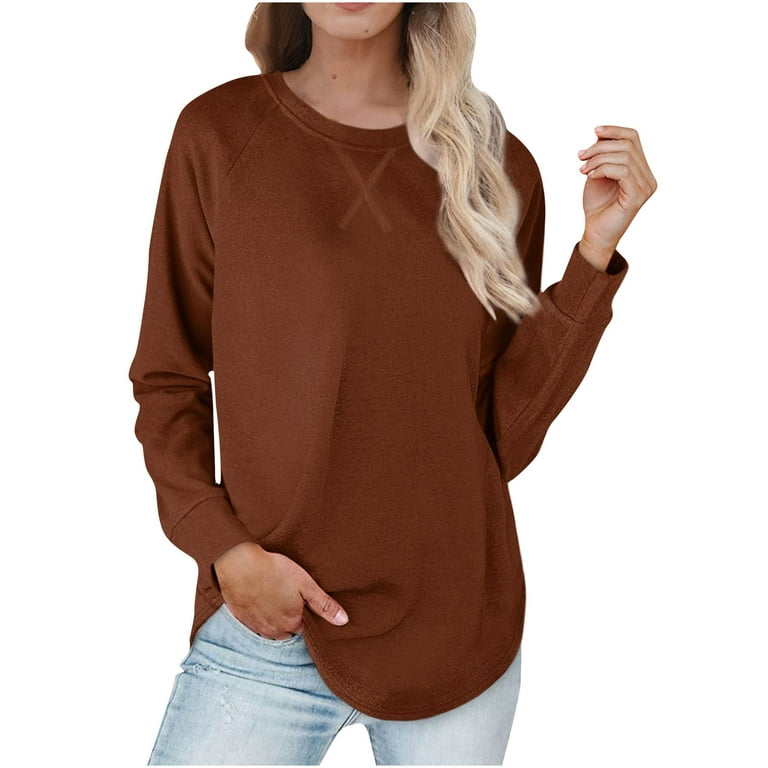 QIPOPIQ Clearance Womens Tops Plus Size Summer Winter Solid Round Neck  Pullover Long Sleeve Blouses Brown XL 