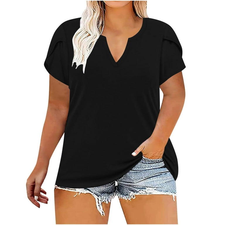 QIPOPIQ Clearance Womens Tops Summer Solid Short Sleeve Plus Size Tee  V-neck Tunic Blouse Shirts Black 3XL