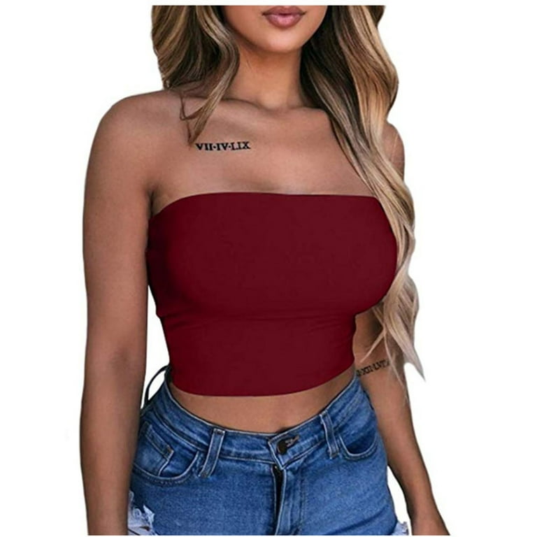 QIPOPIQ Clearance Womens Tops Summer Solid Top Tube Strapless Blouse Shirts  Wine 2XL 