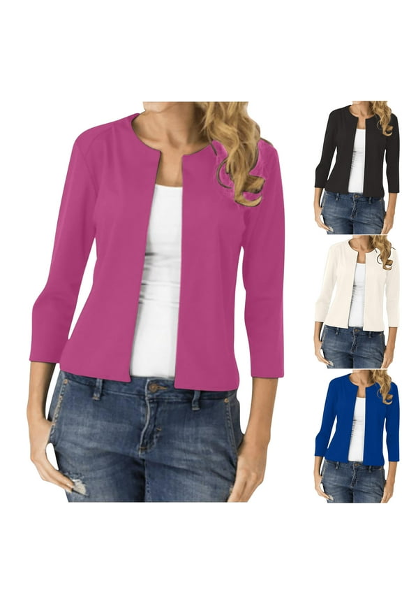 Cropped Blazer for Women Casual Elegant Open Front Blazer 3/4 Sleeve Tailored Cardigan Suit Jacket Clearance