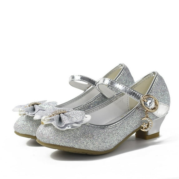 QIPOPIQ Girls Dress Shoes Glitter Princess Shoe Flower Low Heels Party Wedding Prom Footwear for Toddler Kids