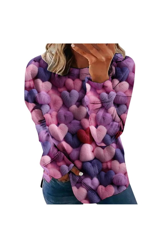 Heart Print Valentine's Day Shirts For Women, Long Sleeve Lightweight Sweatshirt Funny Graphic Shirt Pullover Tops Plus Size Holiday Shirts Oversize Crewneck Sweatshirts Purple XL