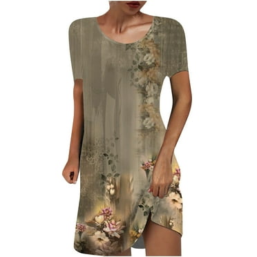 QIPOPIQ Holiday Dresses for Women Short Sleeve Trendy Round-Neck Print Pullover Summer Dress Dress 2023 Deals Gray 2XL