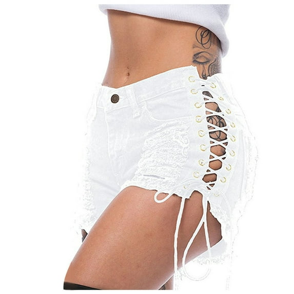 QIPOPIQ Jeans for Women Clearance Ripped Women's Ultra-short Jeans Bandage Straps European And American Nightclub Sexy Women's Hot Pants