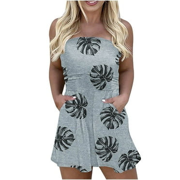QIPOPIQ Jumpsuits for Women Clearance Summer Casual Tube Top Sleeveless Loose Stretchy Short Romper With Pockets Loose Fit Overalls