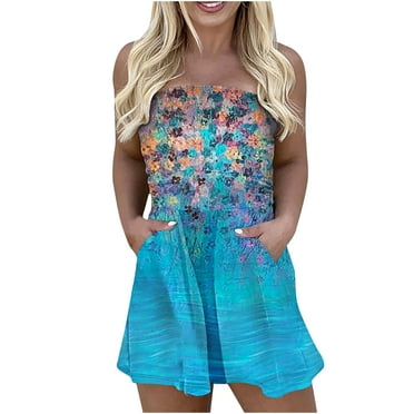 QIPOPIQ Jumpsuits for Women Clearance Summer Casual Tube Top Sleeveless Loose Stretchy Short Romper With Pockets Loose Fit Overalls