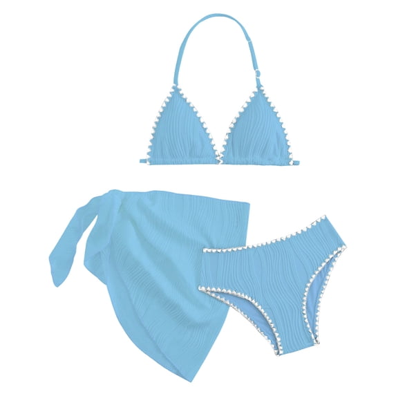 QIPOPIQ Kids' Halter Triangle Bikini Set with Wrap Skirt Cover-Up