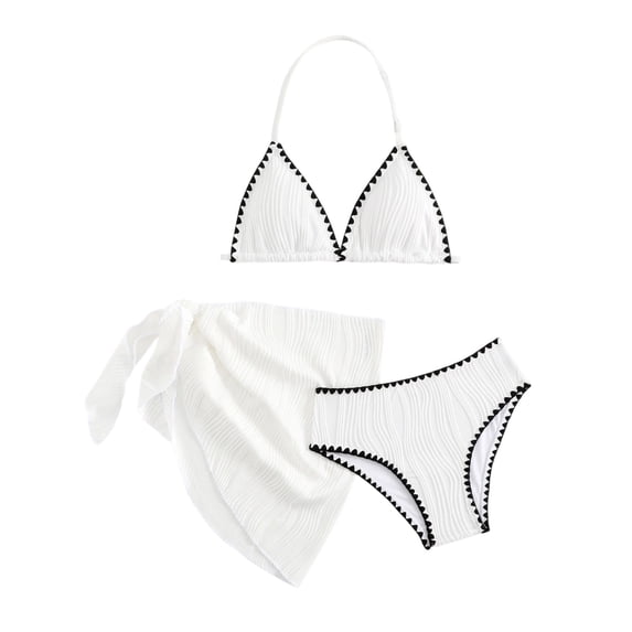QIPOPIQ Kids' Halter Triangle Bikini Set with Wrap Skirt Cover-Up