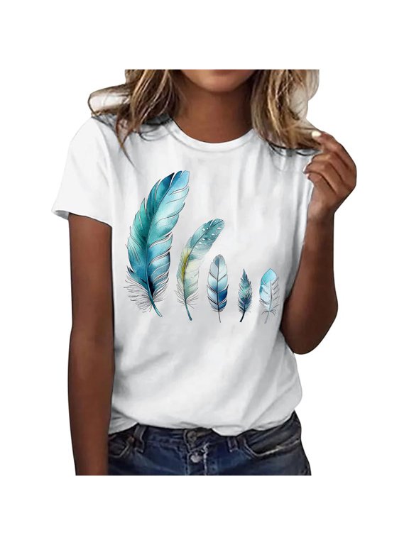 Ladies' Fashion Valentine's Day Feather Print Round Neck Short Sleeve Top