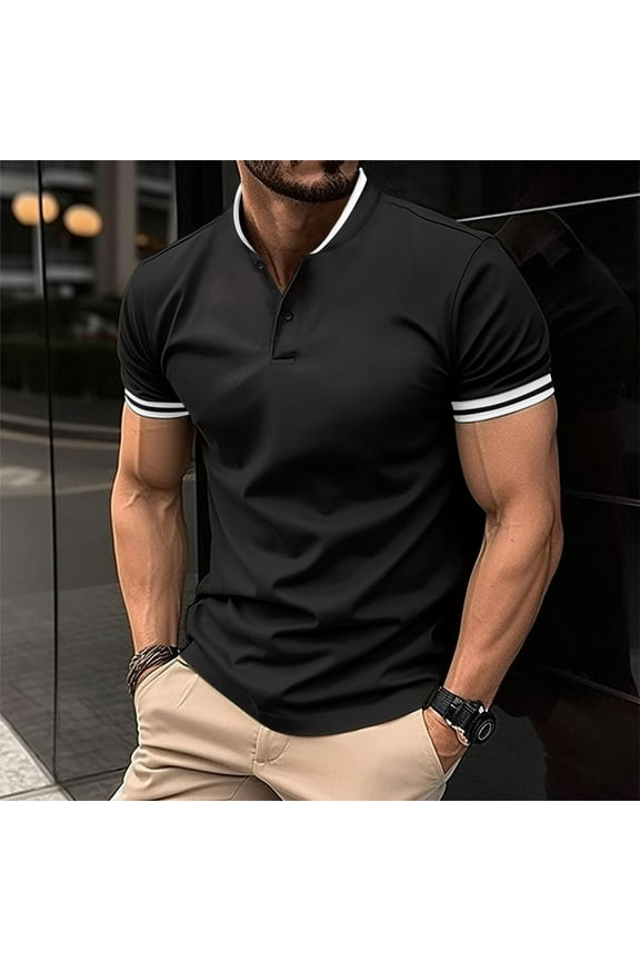 Men's Polo Shirts Casual Regular Fit Short Sleeve Pique Polo T-Shirts Classic Striped Collarless Button Up Golf Tennis Shirts