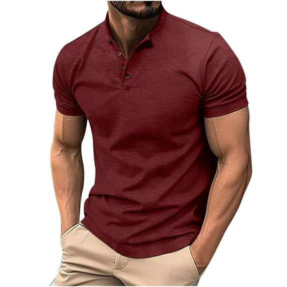 QIPOPIQ Men's Short Sleeve Round Neck Shirts Men Henley Shirts Graphic Tees Summer Button Turndown Pullover T-Shirt Sports Tops Gift for Father & Him 2023 Clearance Red XL