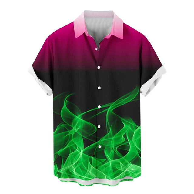 QIPOPIQ Men's Short Sleeve Turndown Collar Shirts Men 3D Fire Pattern Hawaiian Shirt Summer Fashion Printed Have Pockets Button Shirt Tops Tees Shirt Gift for Father & Him 2023 Deals Green XL