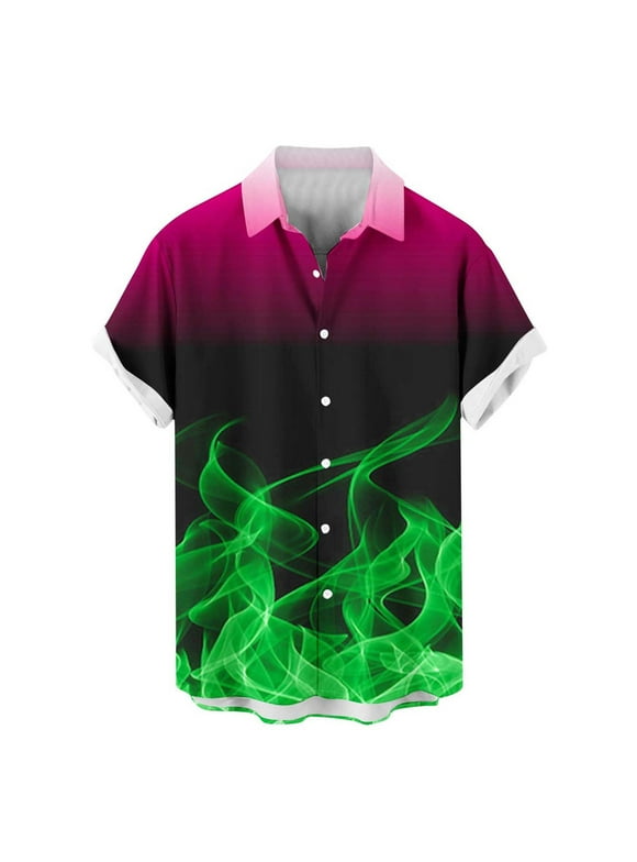 QIPOPIQ Men's Short Sleeve Turndown Collar Shirts Men 3D Fire Pattern Hawaiian Shirt Summer Fashion Printed Have Pockets Button Shirt Tops Tees Shirt Gift for Father & Him 2023 Deals Green M