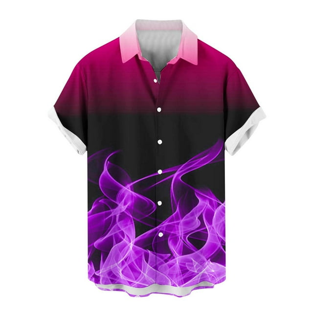 QIPOPIQ Men's Short Sleeve Turndown Collar Shirts Men 3D Fire Pattern Hawaiian Shirt Summer Fashion Printed Have Pockets Button Shirt Tops Tees Shirt Gift for Father & Him 2023 Deals Purple M