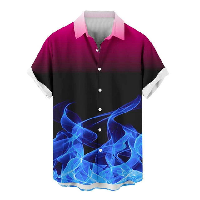 QIPOPIQ Men's Short Sleeve Turndown Collar Shirts Men 3D Fire Pattern Hawaiian Shirt Summer Fashion Printed Have Pockets Button Shirt Tops Tees Shirt Gift for Father & Him 2023 Deals Blue L