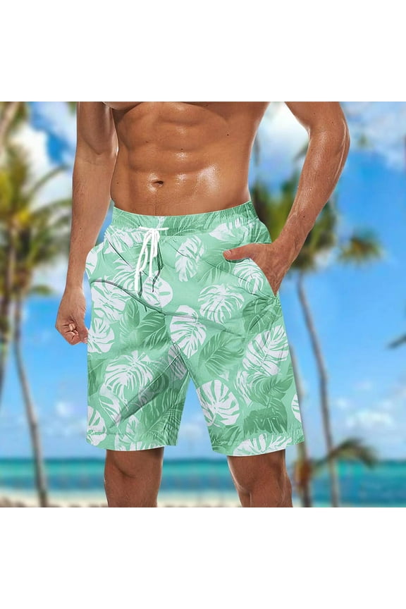 Mens Swim Trunks 9 Inch Inseam Bathing Suits Hawaiian Holiday Drawstring Swimming Trunks Beach Shorts with Pocket