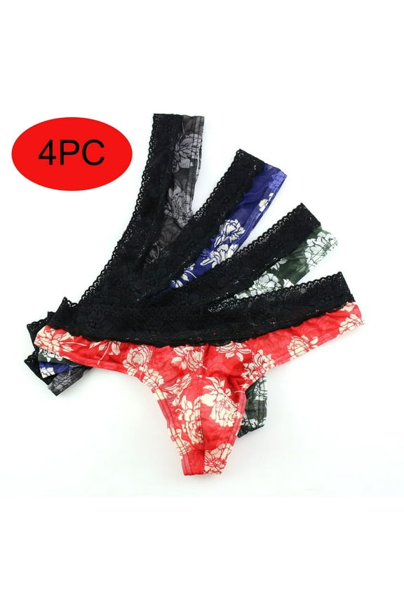 Mens Underwear 4PC Thong Pants Printed Transparent Lace Underpants Underwear Clearance