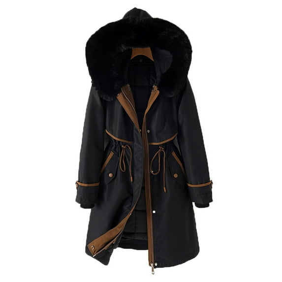 QIPOPIQ Parka Jacket Women Clearance Drawstring Waist Fuzzy Trim Hooded Heavyweight Winter Coat Plus Size Long Jacket Faux Fur Hood Puffer Jacket Black 2XL