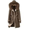 thumbnail image 1 of QIPOPIQ Parka Jacket Women Clearance Drawstring Waist Fuzzy Trim Hooded Heavyweight Winter Coat Plus Size Long Jacket Faux Fur Hood Puffer Jacket Coffee S, 1 of 4
